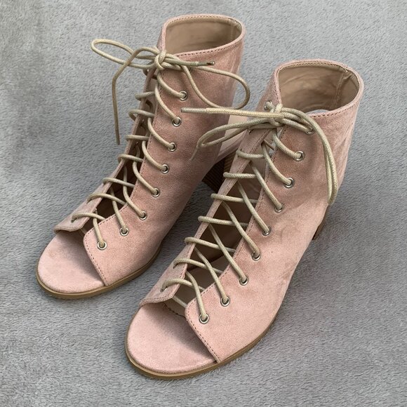 Journee Collection Posey Peeptoe Open Heel Faux Suede Lace-Up Booties Sz8 - Picture 7 of 16